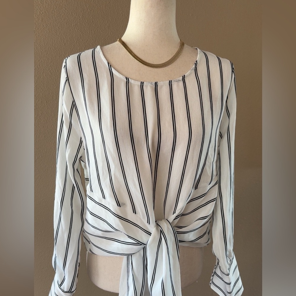 Striped long sleeve front tie blouse